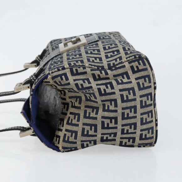 FENDI Zucchino Canvas Hand Bag Navy Silver Auth 151349