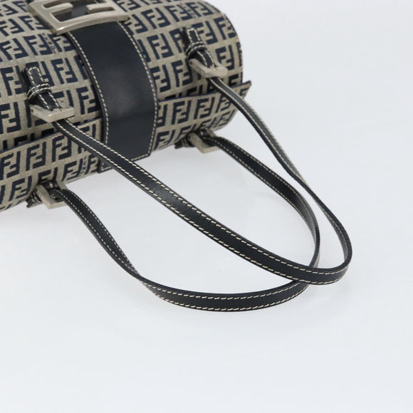 FENDI Zucchino Canvas Hand Bag Navy Silver Auth 151349