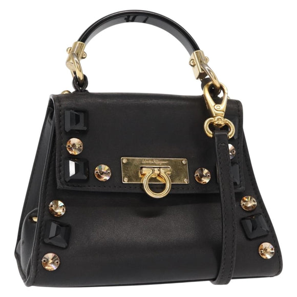 Salvatore Ferragamo Gancini Hand Bag Leather 2way Black Gold Auth 151370