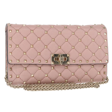 VALENTINO Chain Shoulder Bag Leather Pink Gold Auth 151371