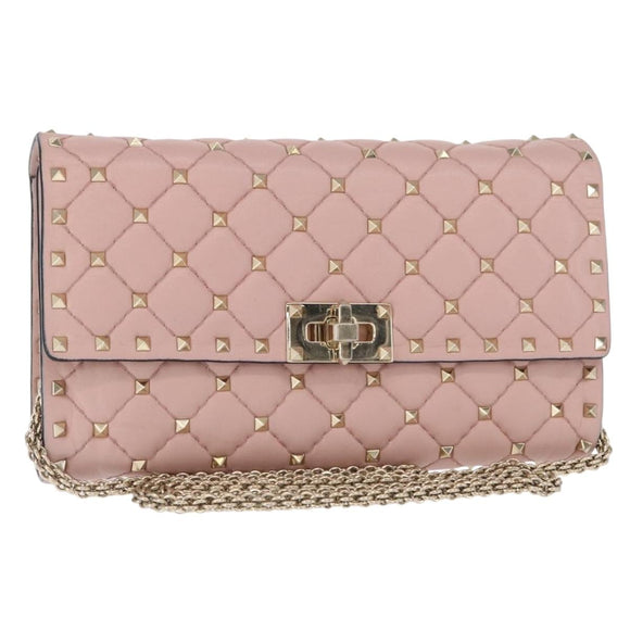 VALENTINO Chain Shoulder Bag Leather Pink Gold Auth 151371