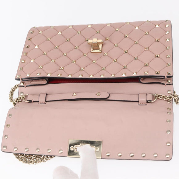 VALENTINO Chain Shoulder Bag Leather Pink Gold Auth 151371