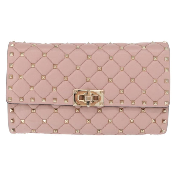 VALENTINO Chain Shoulder Bag Leather Pink Gold Auth 151371