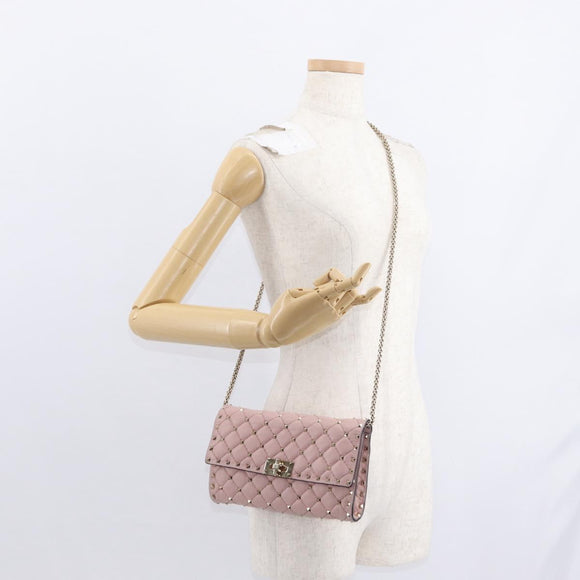 VALENTINO Chain Shoulder Bag Leather Pink Gold Auth 151371