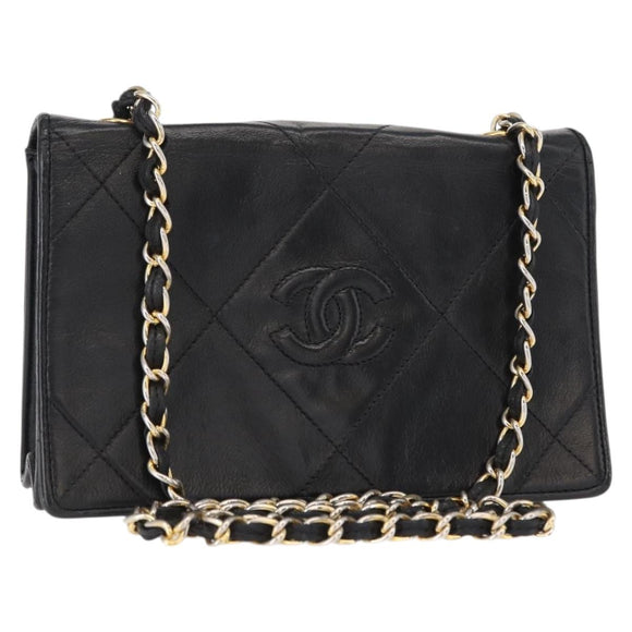 CHANEL Matelasse Chain Shoulder Bag Lamb Skin Black Gold CC Auth 151404