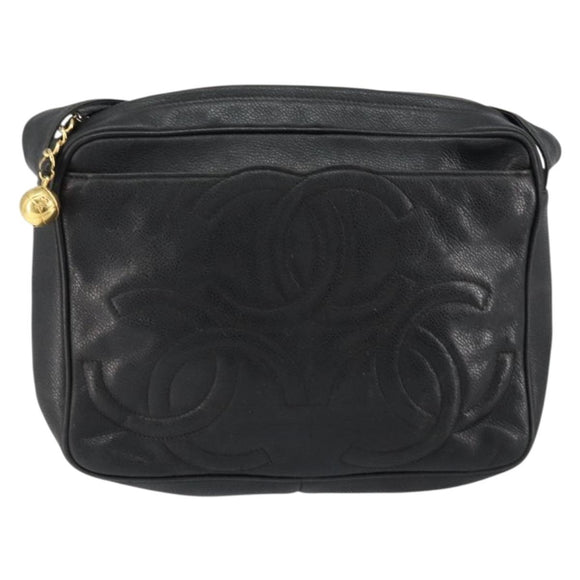 CHANEL Triple COCO Mark Shoulder Bag Caviar Skin Black Gold CC Auth 151405