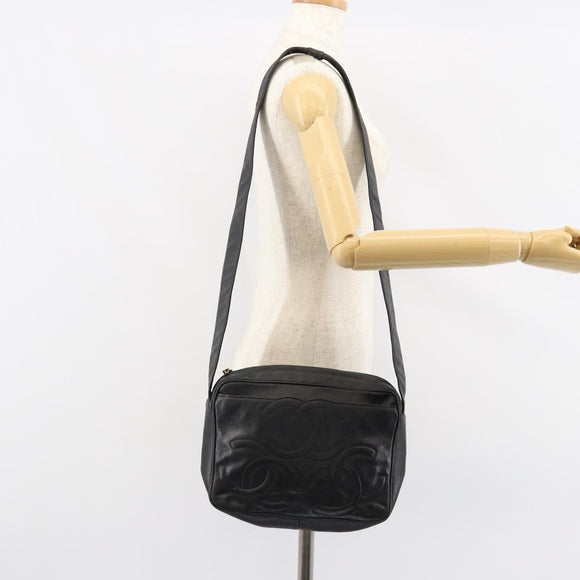 CHANEL Triple COCO Mark Shoulder Bag Caviar Skin Black Gold CC Auth 151405