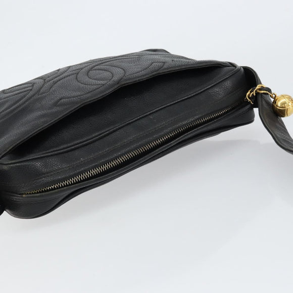 CHANEL Triple COCO Mark Shoulder Bag Caviar Skin Black Gold CC Auth 151405