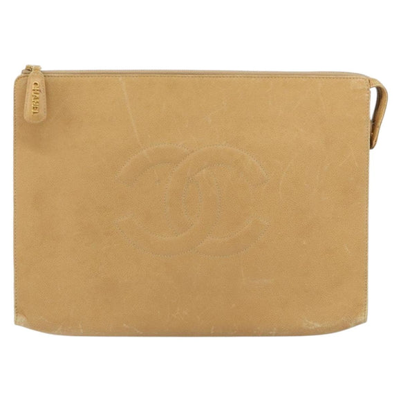 CHANEL COCO Mark Document Case Clutch Bag Caviar Skin Beige Gold CC Auth 151406