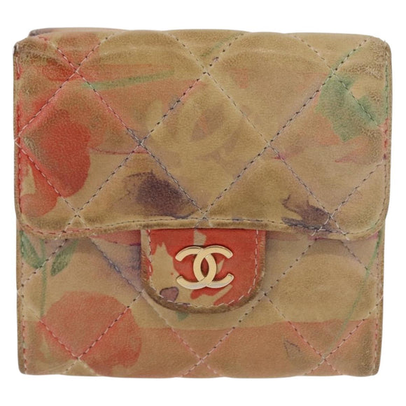 CHANEL Matelasse Compact Wallet Lamb Skin Multicolor CC Auth 151409