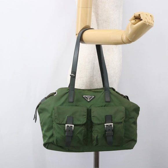 PRADA Hand Bag Nylon Green Silver Auth 151434