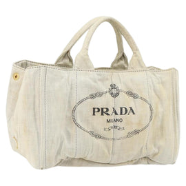 PRADA Canapa MM Hand Bag Canvas Gray Gold Auth 151445