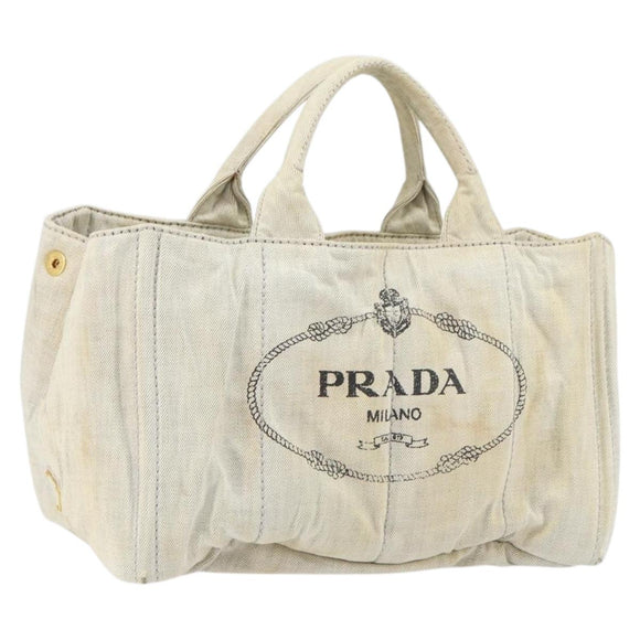 PRADA Canapa MM Hand Bag Canvas Gray Gold Auth 151445