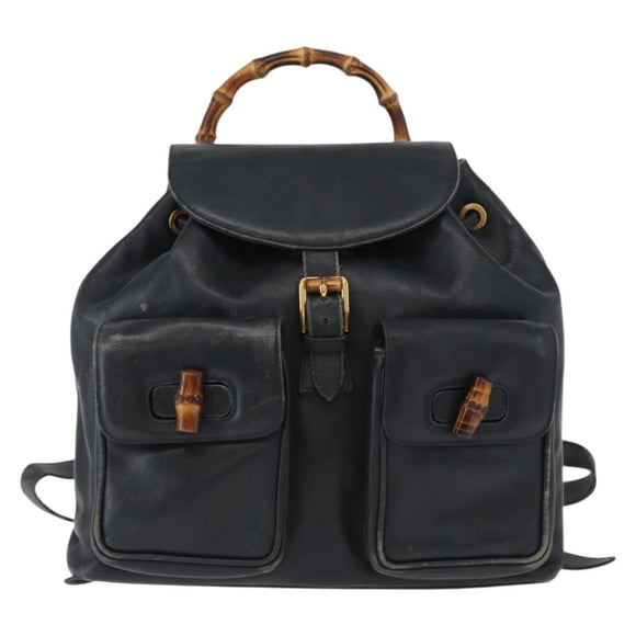 GUCCI Bamboo Backpack Leather Navy Gold 003 2058 0016 Auth 151451