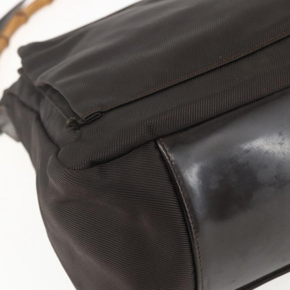 GUCCI Bamboo Shoulder Bag Nylon 2way Brown Silver Auth 151470