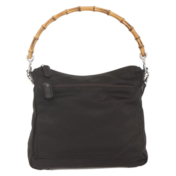 GUCCI Bamboo Shoulder Bag Nylon 2way Brown Silver Auth 151470