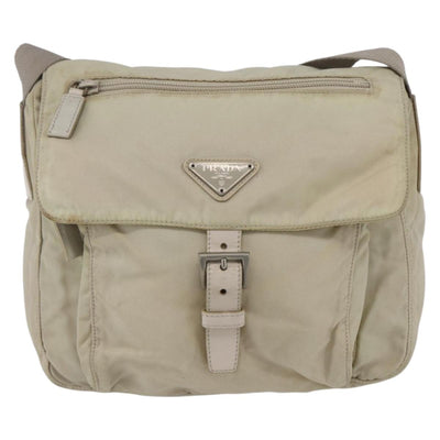 PRADA Shoulder Bag Nylon Beige Silver Auth 151497 - 0