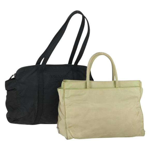 PRADA Hand Bag Nylon 2 Set Black Beige Auth 151501
