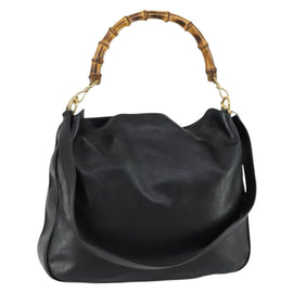 GUCCI Bamboo Shoulder Bag Leather 2way Black Gold 001 1577 2615 Auth 151534