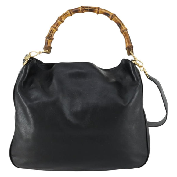 GUCCI Bamboo Shoulder Bag Leather 2way Black Gold 001 1577 2615 Auth 151534