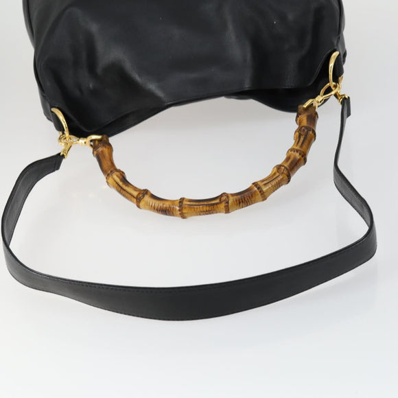 GUCCI Bamboo Shoulder Bag Leather 2way Black Gold 001 1577 2615 Auth 151534