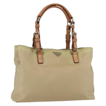 PRADA Hand Bag Nylon Beige Silver Auth 151559