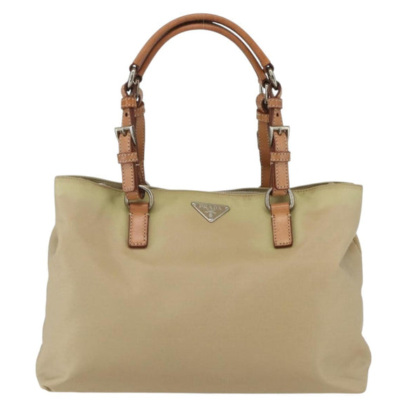 PRADA Hand Bag Nylon Beige Silver Auth 151559