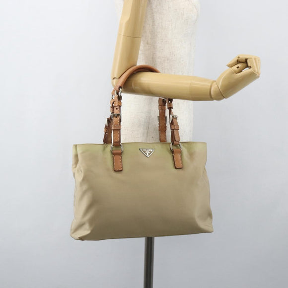 PRADA Hand Bag Nylon Beige Silver Auth 151559