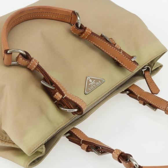 PRADA Hand Bag Nylon Beige Silver Auth 151559