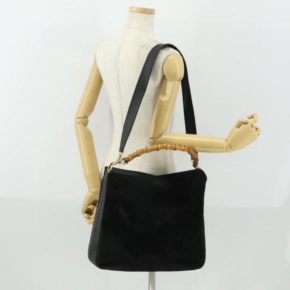 GUCCI Bamboo Shoulder Bag Suede 2way Black Gold 001 2113 1577 Auth 151562