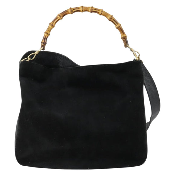 GUCCI Bamboo Shoulder Bag Suede 2way Black Gold 001 2113 1577 Auth 151562
