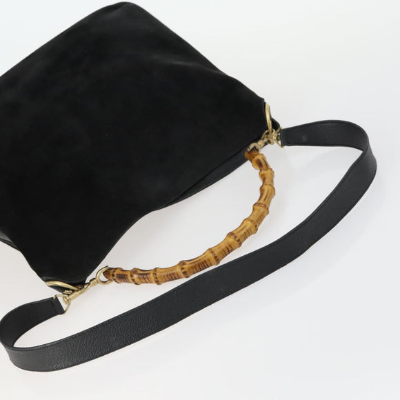 GUCCI Bamboo Shoulder Bag Suede 2way Black Gold 001 2113 1577 Auth 151562
