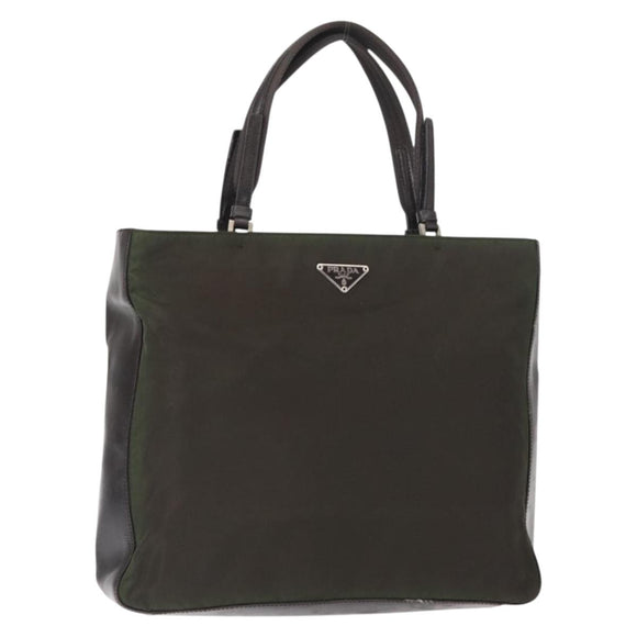 PRADA Hand Bag Nylon Khaki Silver Auth 151570