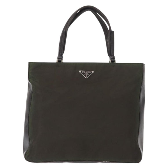 PRADA Hand Bag Nylon Khaki Silver Auth 151570