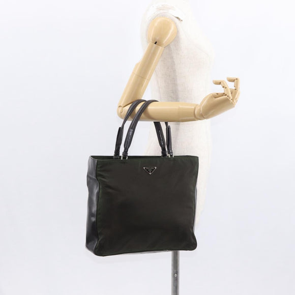 PRADA Hand Bag Nylon Khaki Silver Auth 151570