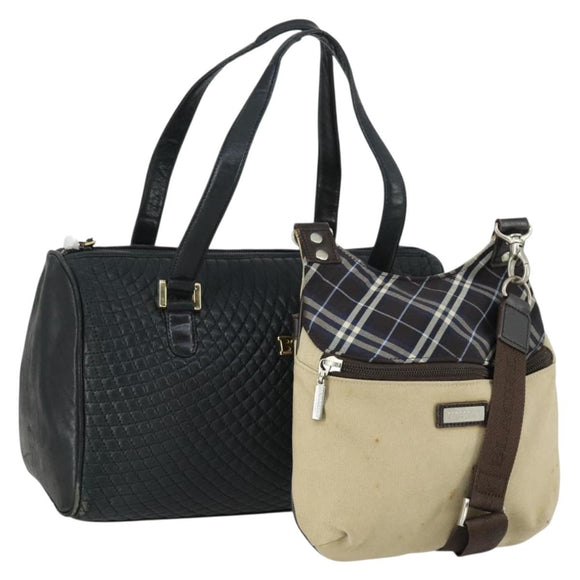 BURBERRY BALLY Draagtas Leer Canvas 2-delige set Beige Navy Auth 151571