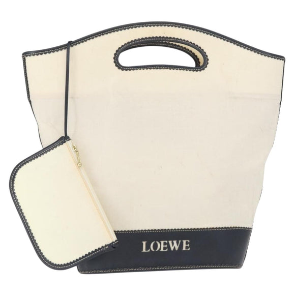 LOEWE Hand Bag Canvas White Gold Auth 151572