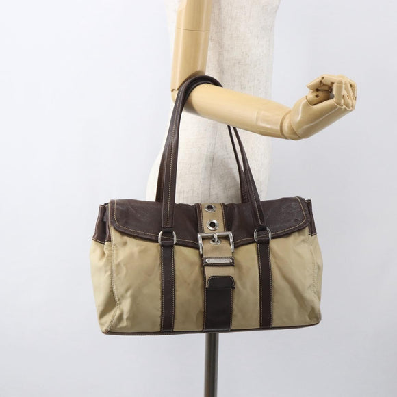 PRADA Hand Bag Nylon Beige Silver Auth 151576