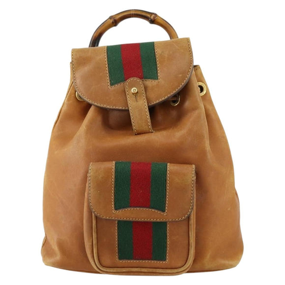 GUCCI Bamboo Web Sherry Line Backpack Leather Brown Red Auth 151581
