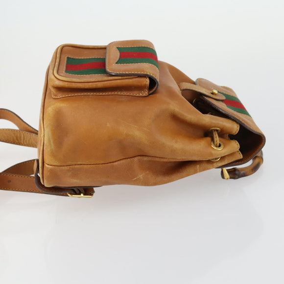 GUCCI Bamboo Web Sherry Line Backpack Leather Brown Red Auth 151581