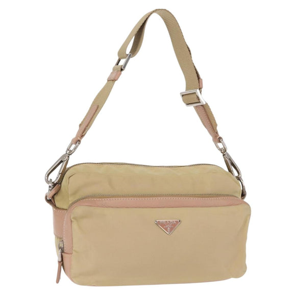 PRADA Shoulder Bag Nylon Beige Silver Auth 151605