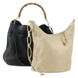 GUCCI Bamboo Shoulder Bag Suede Leather 2 Set Beige Navy Auth 151614
