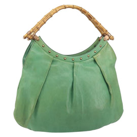 GUCCI Bamboo Hand Bag Leather Green Gold 124293 Auth 151647