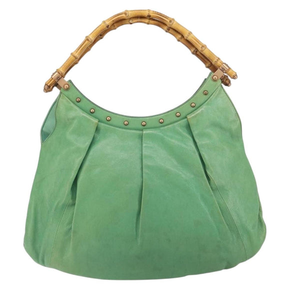 GUCCI Bamboo Hand Bag Leather Green Gold 124293 Auth 151647