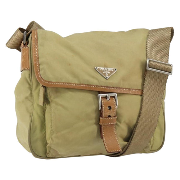 PRADA Shoulder Bag Nylon Beige Silver Auth 151654