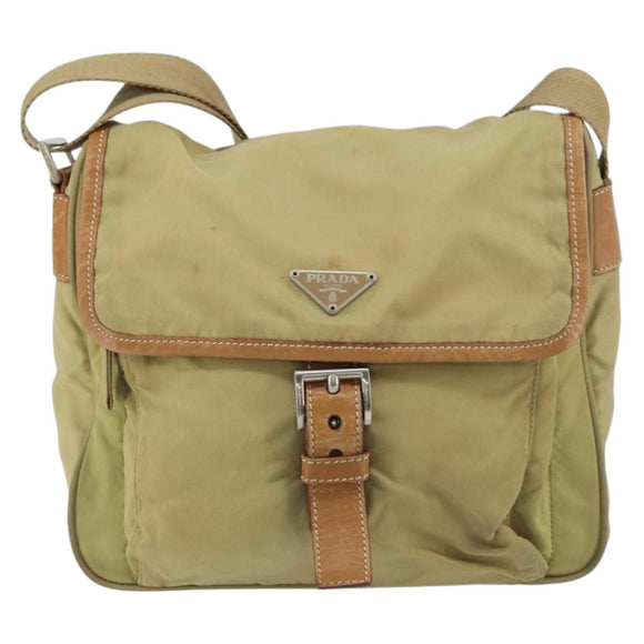 PRADA Shoulder Bag Nylon Beige Silver Auth 151654