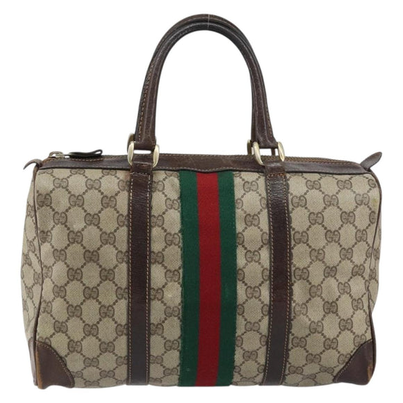 GUCCI GG Supreme Web Sherry Line Boston Bag PVC Beige Red Auth 151688