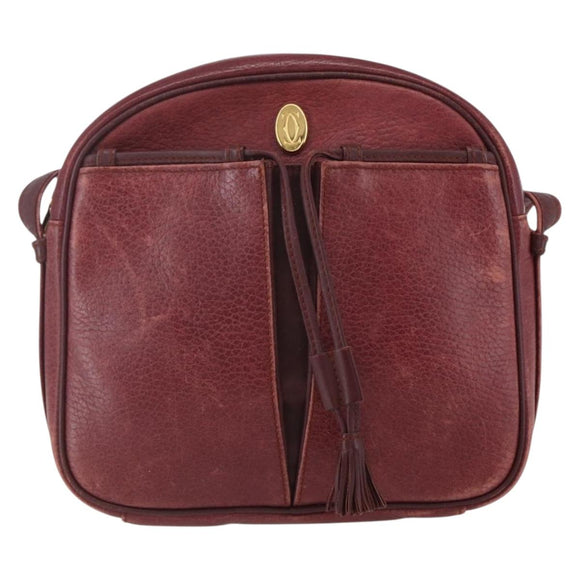 CARTIER Must Line Shoulder Bag Leather Bordeaux Gold Auth 151694