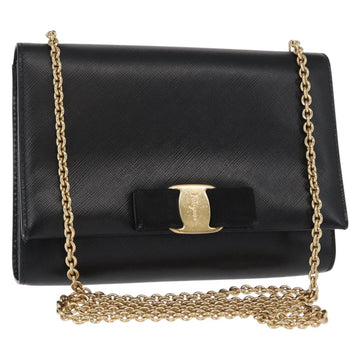 Salvatore Ferragamo Chain Shoulder Bag Leather Black Gold Auth 151702