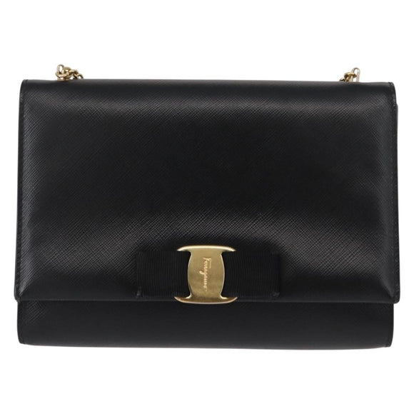 Salvatore Ferragamo Chain Shoulder Bag Leather Black Gold Auth 151702